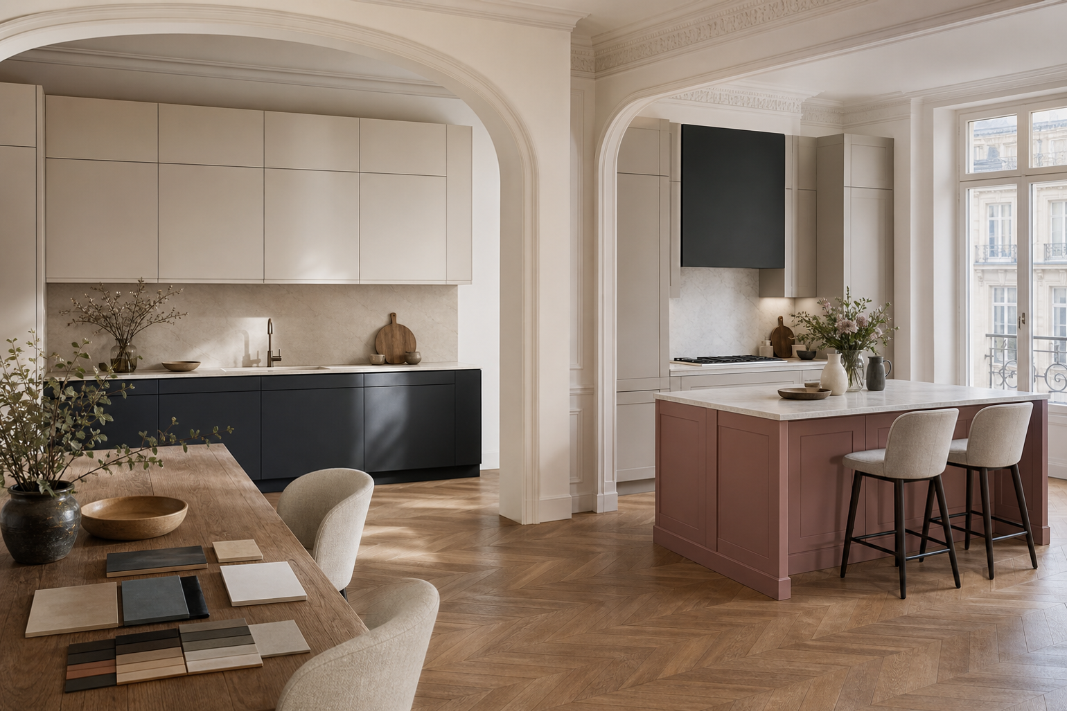 Kitchen comparison scene showing perimeter cabinet contrast and a different island color.