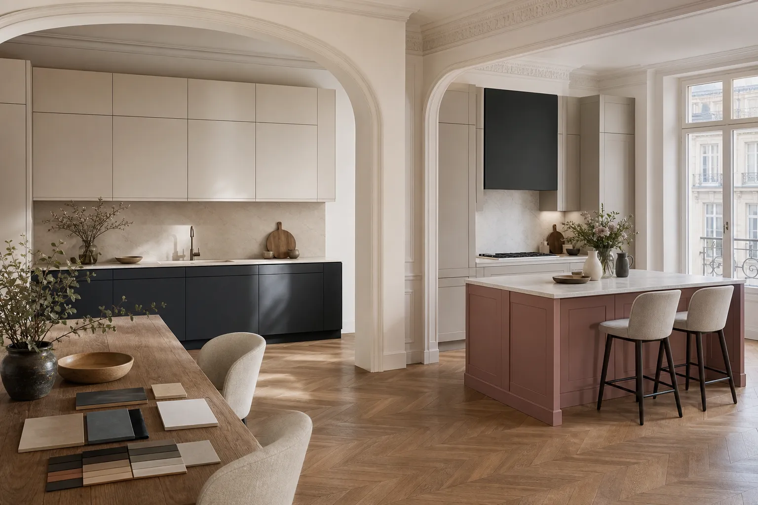 Kitchen comparison scene showing perimeter cabinet contrast and a different island color.