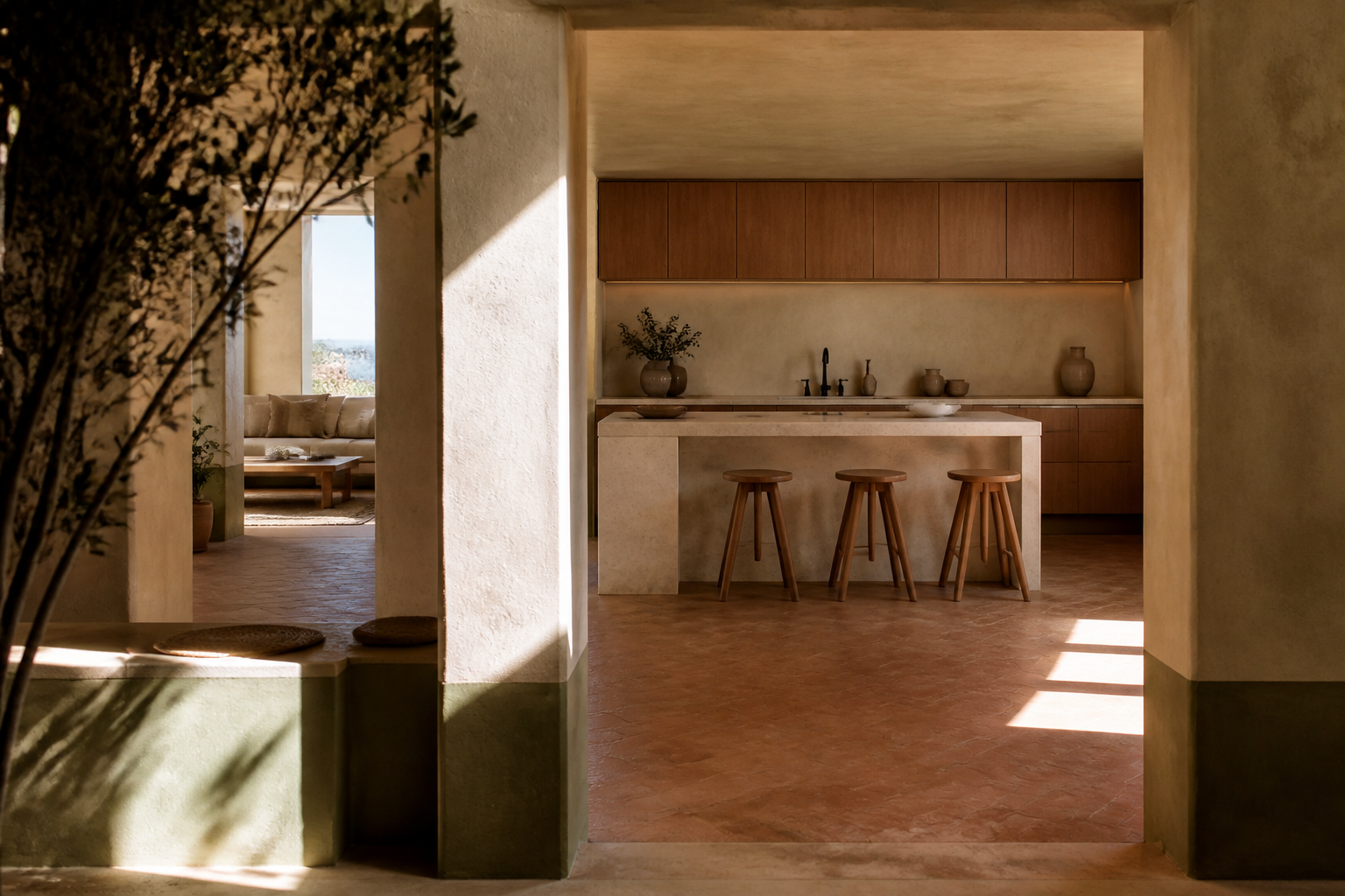 Fadior Lisbon 220 sqm Kitchen Penthouse — stone counter, oak cabinet, terracotta tile, window light