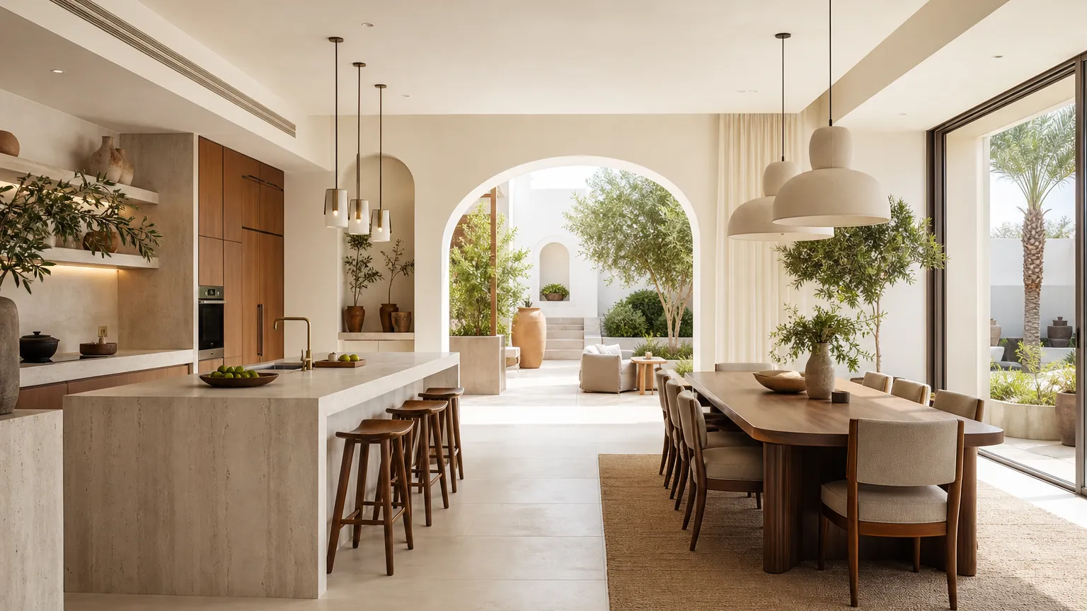 Wide villa kitchen and dining room opening to a bright courtyard with warm wood and pale surfaces.