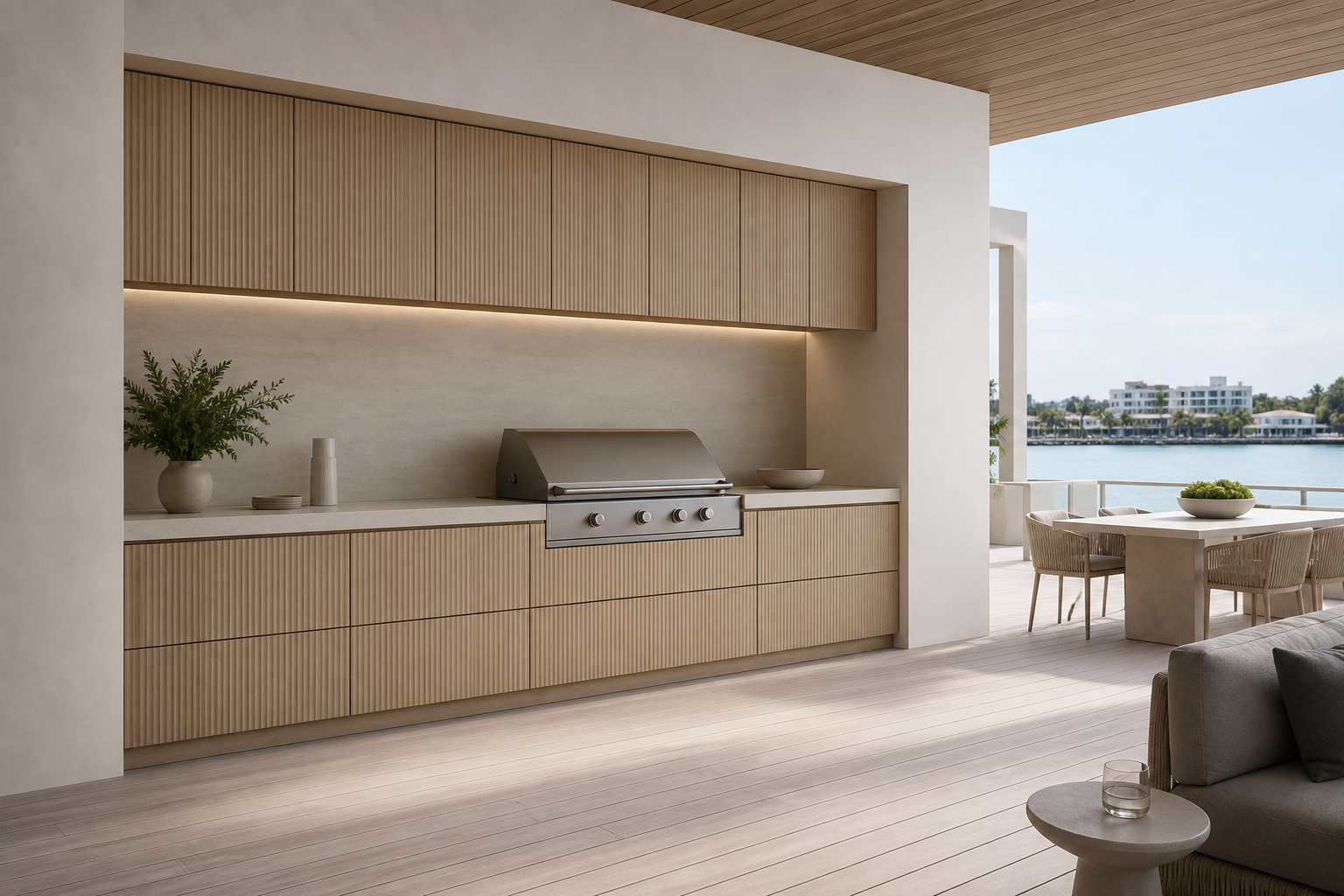 Fadior Horizon Outdoor Kitchen Suite with Sculptural Panel Grill Bay — interior room context showing cabinet integration