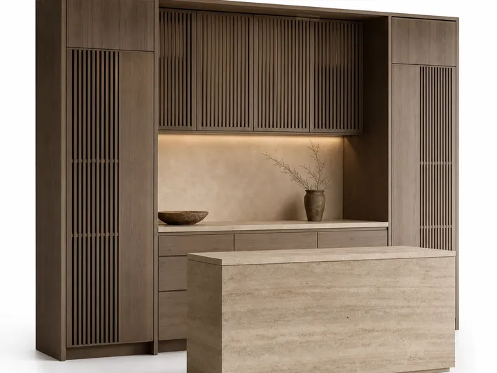Fadior Solace Kitchen Suite with Servery Spine Pantry — 304 stainless steel kitchen system, front view