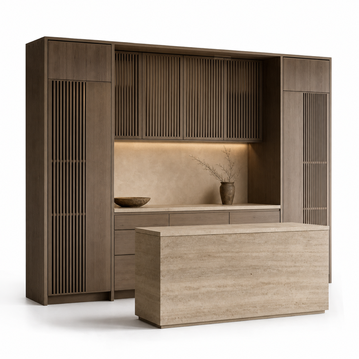 Fadior Solace Kitchen Suite with Servery Spine Pantry — 304 stainless steel kitchen system, front view
