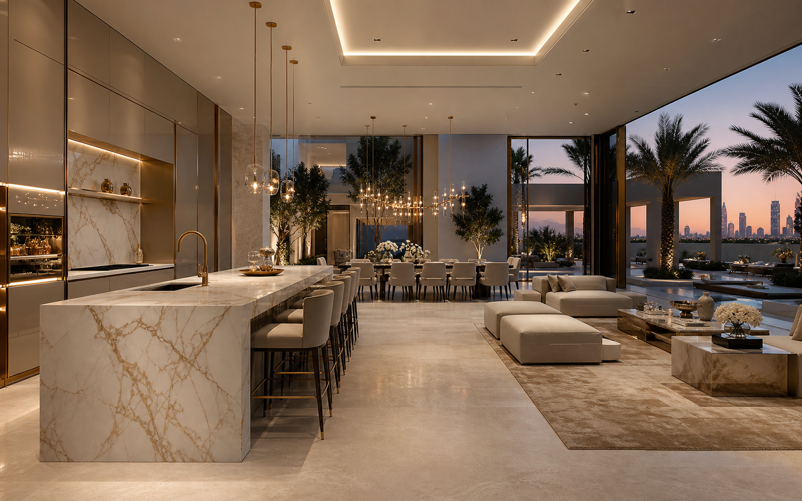 Fadior Abu Dhabi Garden Courtyard Villa — marble island, dining table, lounge sofa, courtyard palms, floor glazing