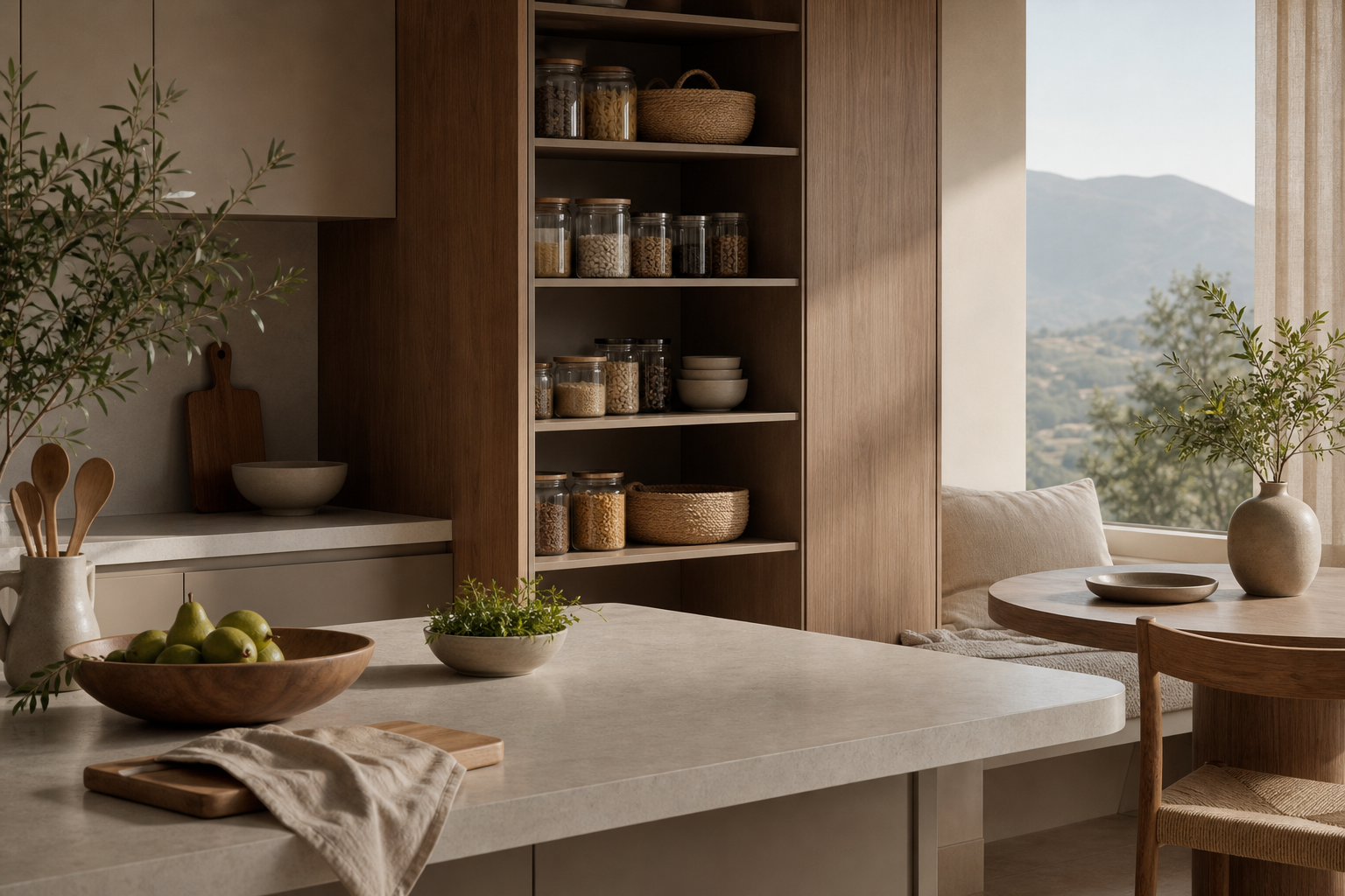 Material mood study: warm oak-grain pantry wall, pale worktop, and soft morning light.