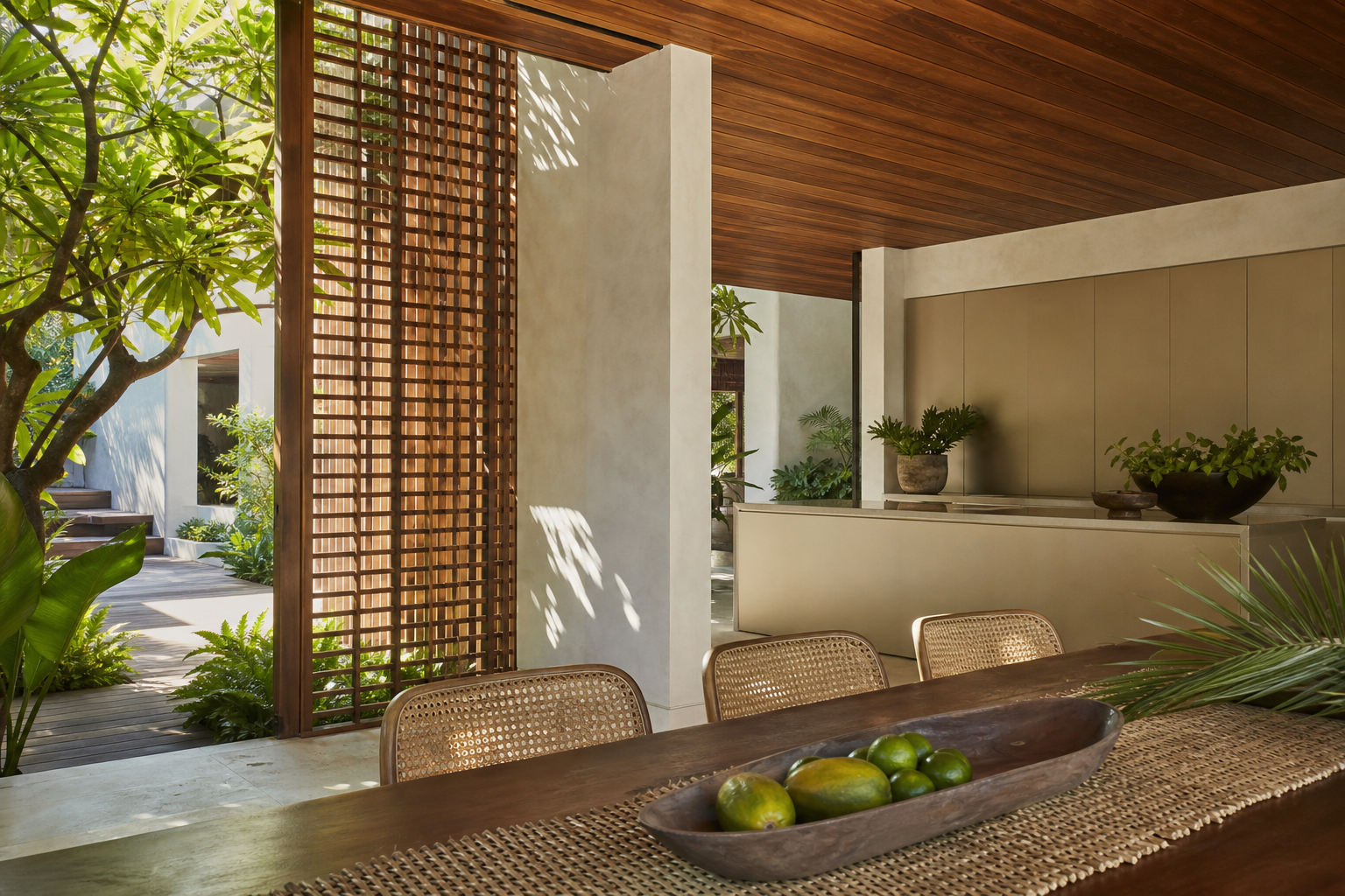 Kitchen lifestyle context with cane chairs, sisal runner, and champagne cabinetry for weekend lunches.