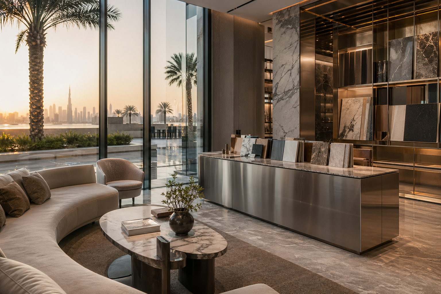 Fadior Dubai Design Gallery Showroom — stainless console, palm terrace, glass door, desert sunlight