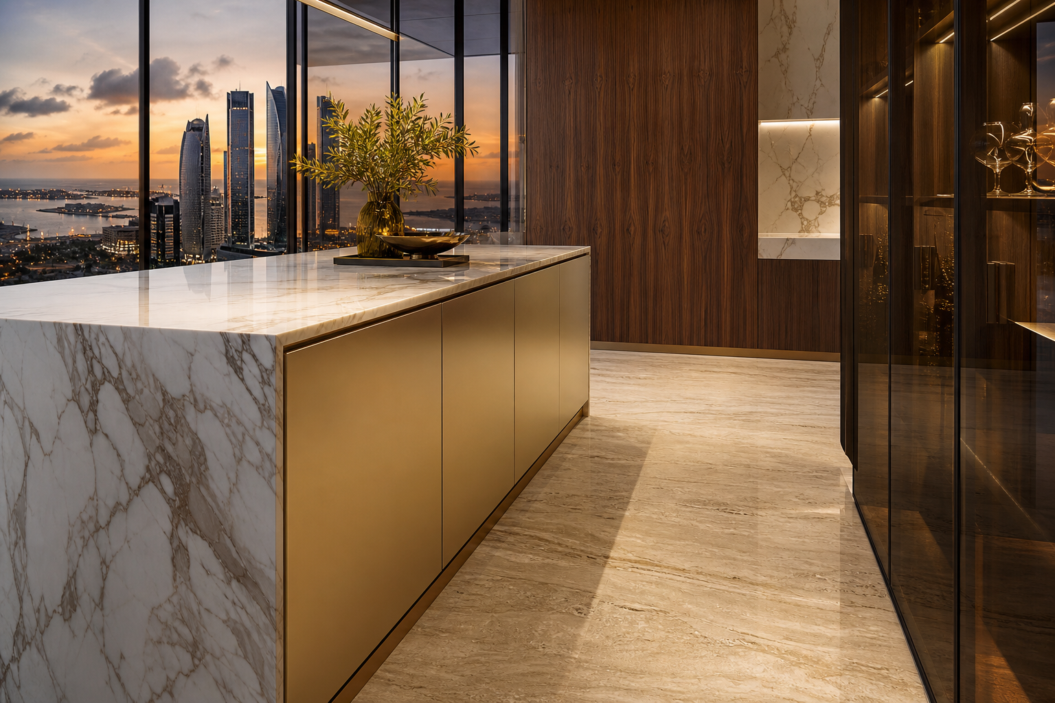 Fadior Abu Dhabi Skyline Penthouse — marble counter, walnut panel, travertine floor, skyline glass