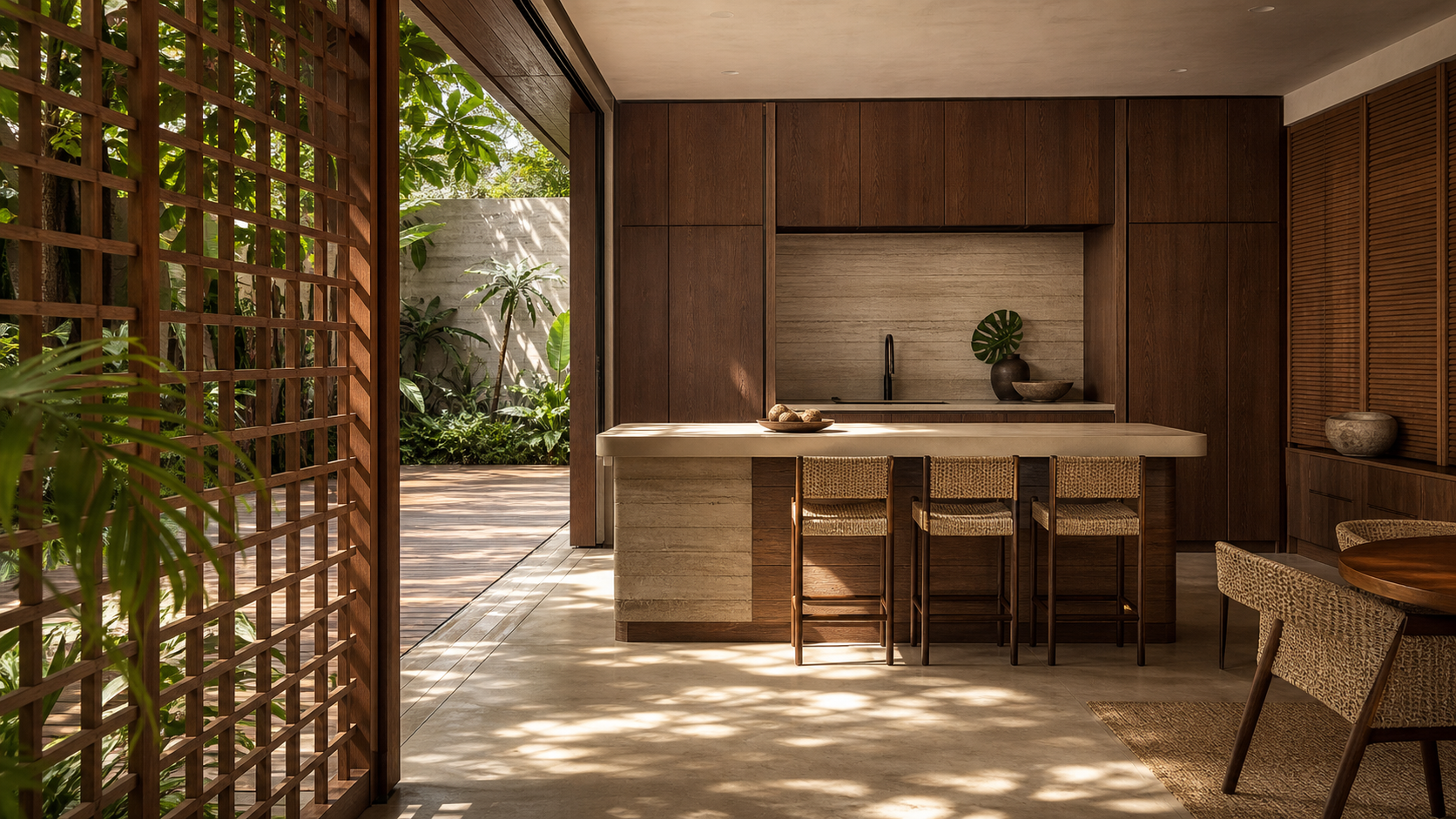 Fadior Forge Kitchen Suite with Parchment Leather Island Saddle — lifestyle setting with natural light and residential