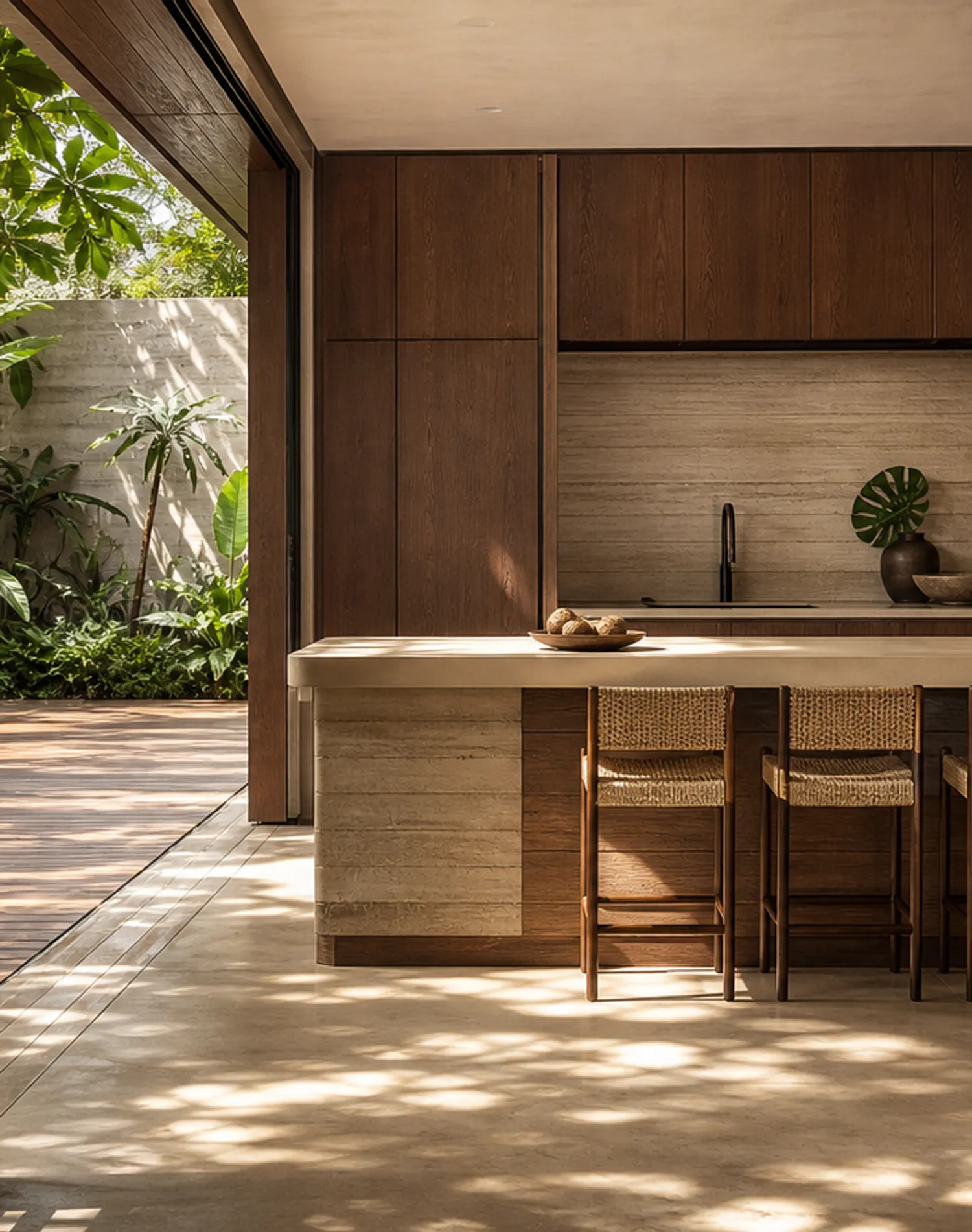 Fadior Forge Kitchen Suite with Parchment Leather Island Saddle — lifestyle setting with natural light and residential