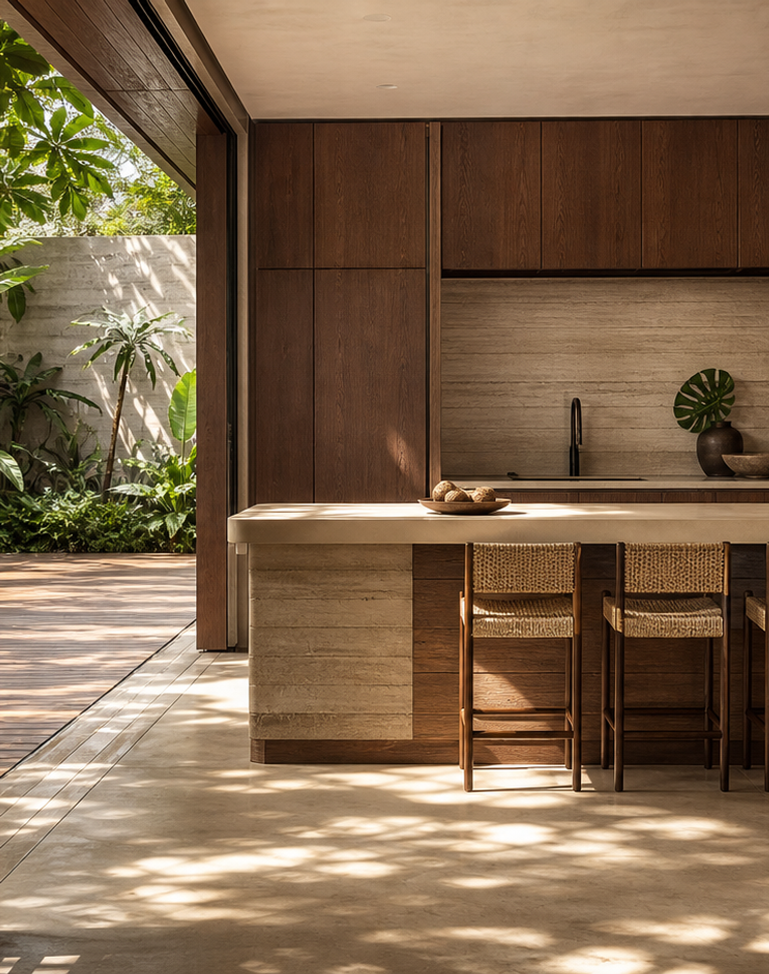 Fadior Forge Kitchen Suite with Parchment Leather Island Saddle — lifestyle setting with natural light and residential