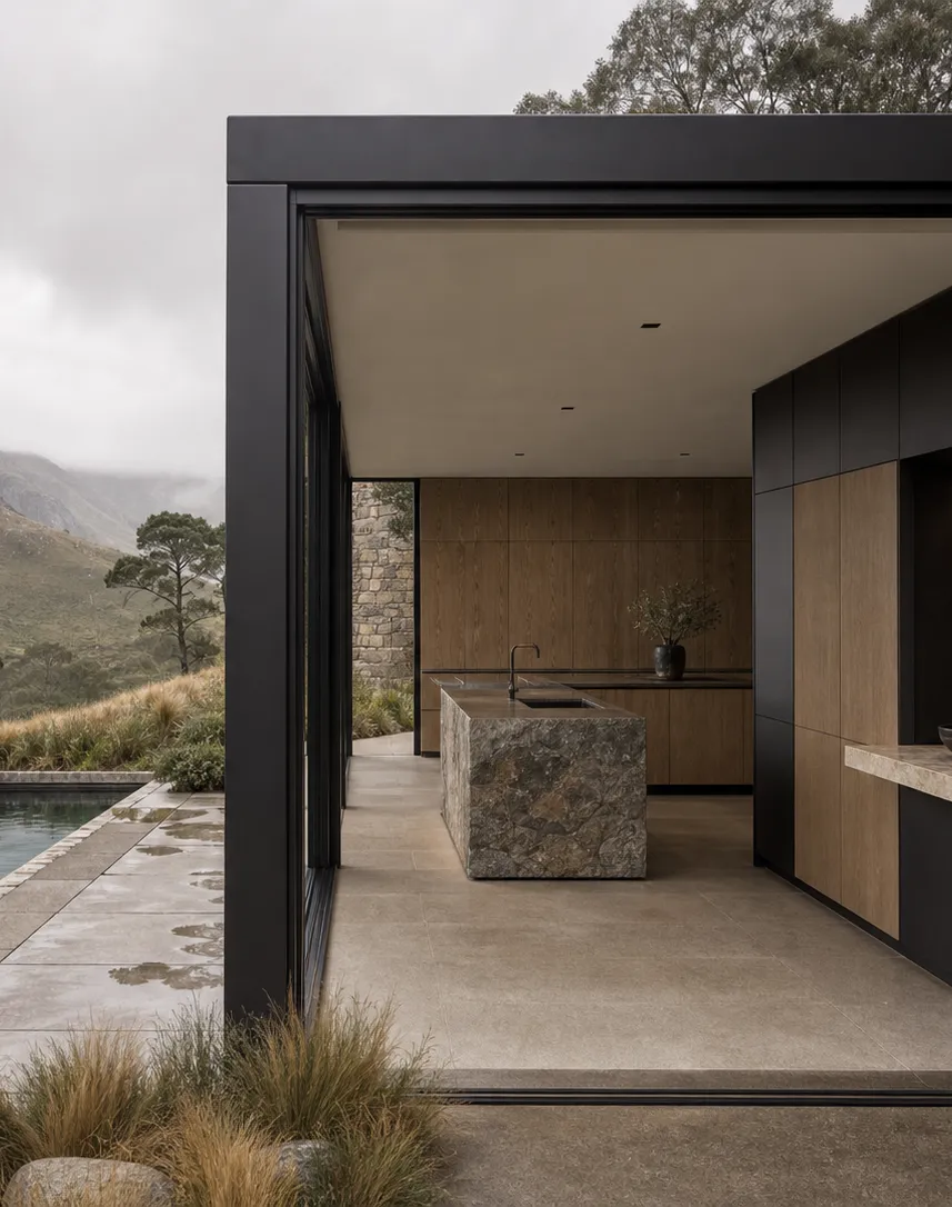 Fadior Riviera Kitchen Suite with Sunlit Travertine Pantry Bar — interior room context showing cabinet integration