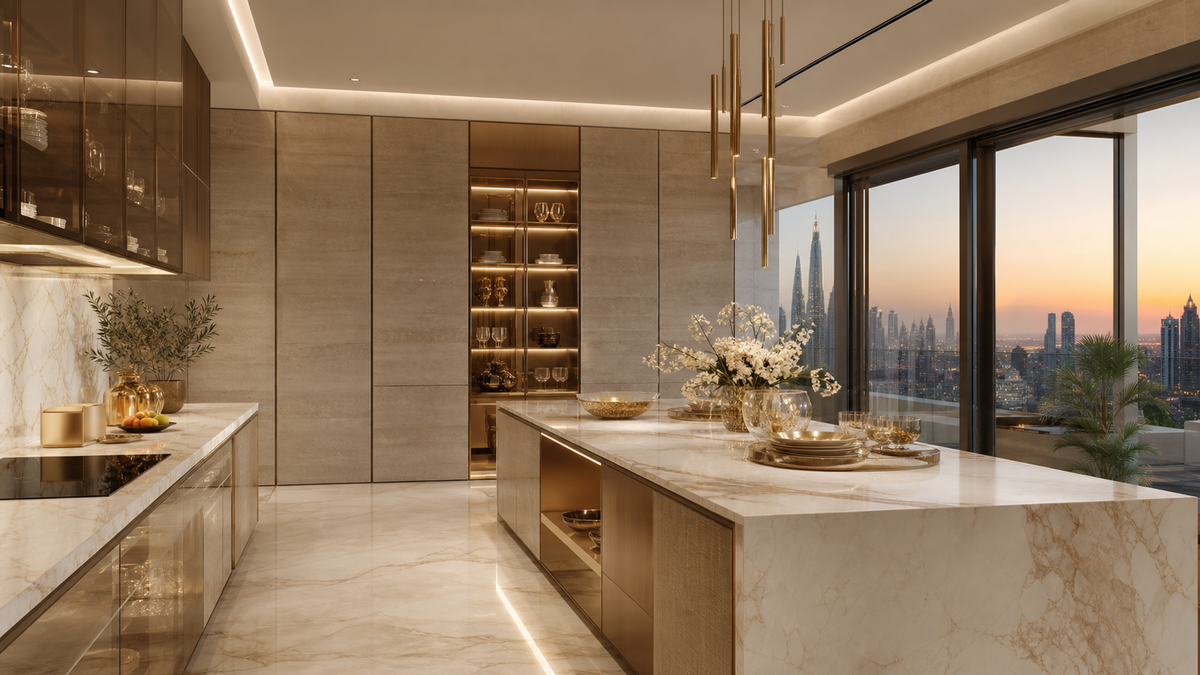 Lifestyle context: smart kitchen after dinner prep with clear island, grouped appliances, and skyline light.
