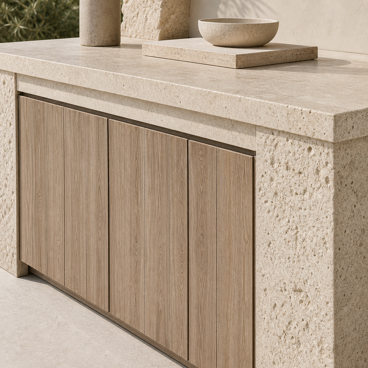Fadior Vantage Outdoor Kitchen Suite with Porcelain Monolith Prep Terrace — close-up of stainless steel finish and hardware