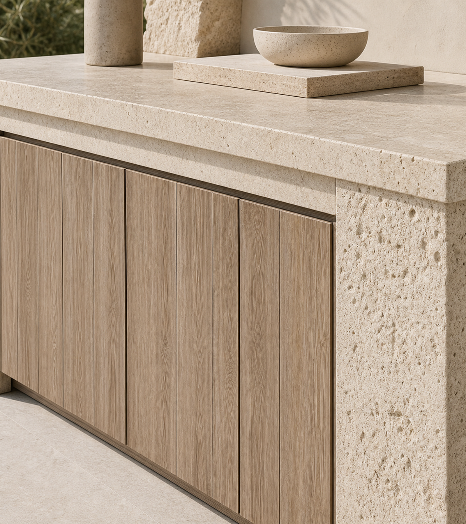 Fadior Vantage Outdoor Kitchen Suite with Porcelain Monolith Prep Terrace — close-up of stainless steel finish and hardware