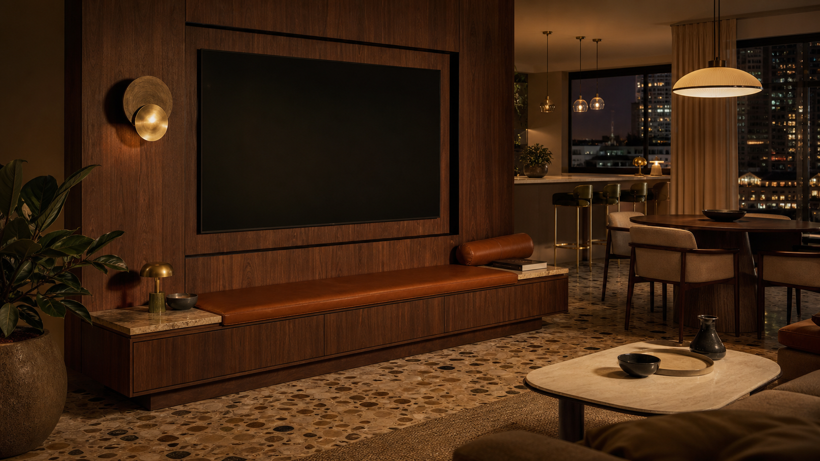 Fadior Galleria Living Room Suite with Cognac Banquette Audio Ledge — lifestyle setting with natural light and residential