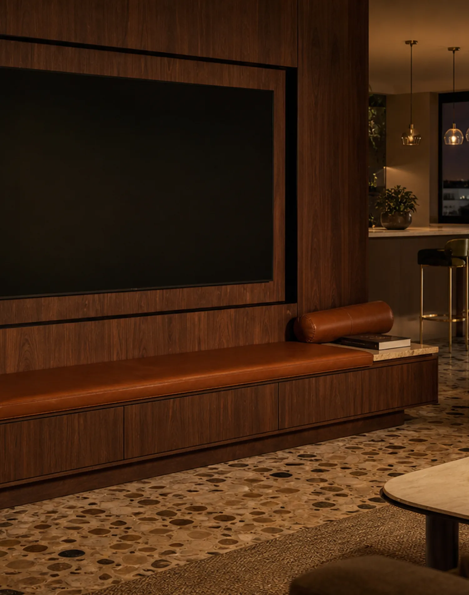 Suite de Sala de Estar Galleria con Repisa de Audio y Banqueta Cognac estudio de adaptación