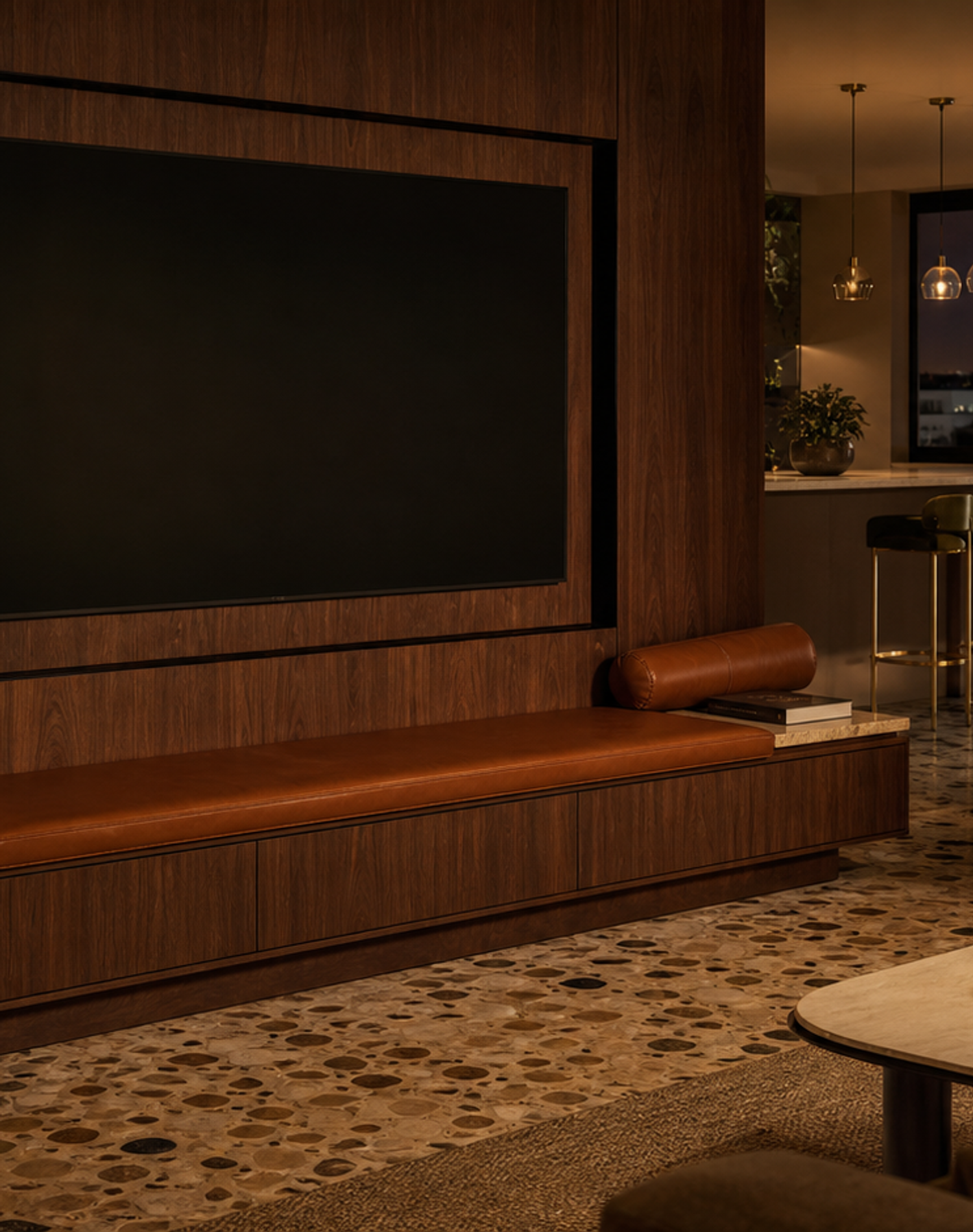 Fadior Galleria Living Room Suite with Cognac Banquette Audio Ledge — lifestyle setting with natural light and residential