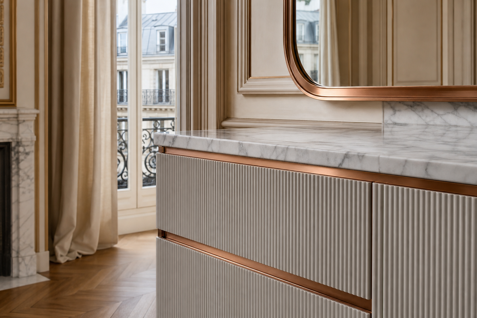 Fadior Nacre Bath and Vanity Suite with Moonlit Fluted Basin Wall — close-up of stainless steel finish and hardware detail