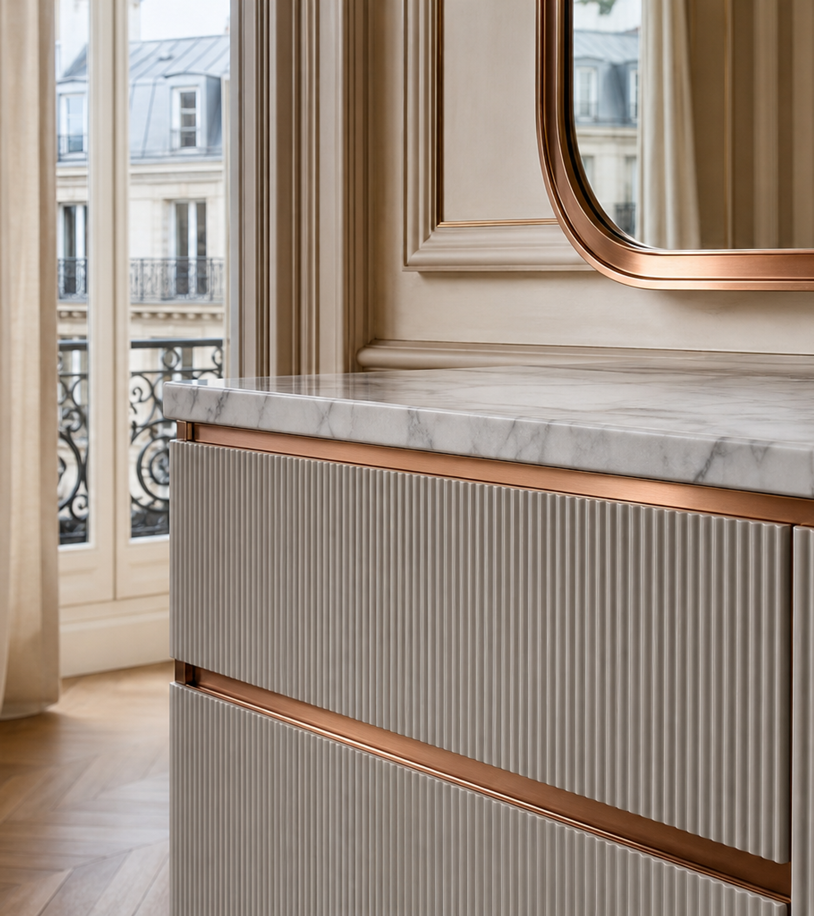 Fadior Nacre Bath and Vanity Suite with Moonlit Fluted Basin Wall — close-up of stainless steel finish and hardware detail
