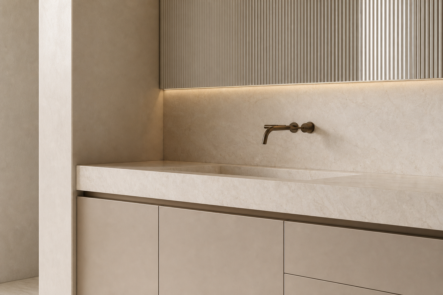 Fadior Voyage Bath and Vanity Suite with Fluted Mirror Ribbon — close-up of stainless steel finish and hardware detail