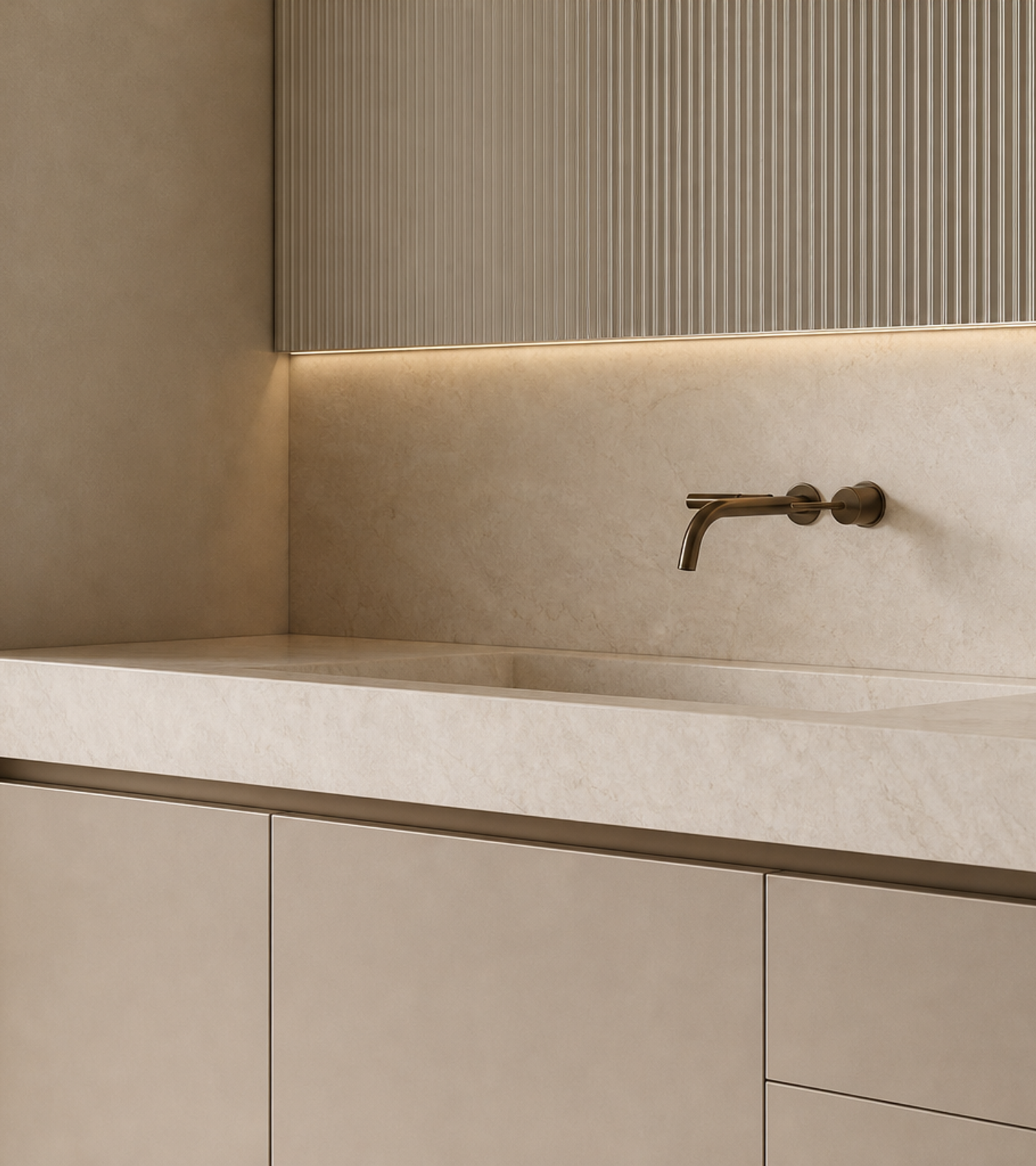 Fadior Voyage Bath and Vanity Suite with Fluted Mirror Ribbon — close-up of stainless steel finish and hardware detail