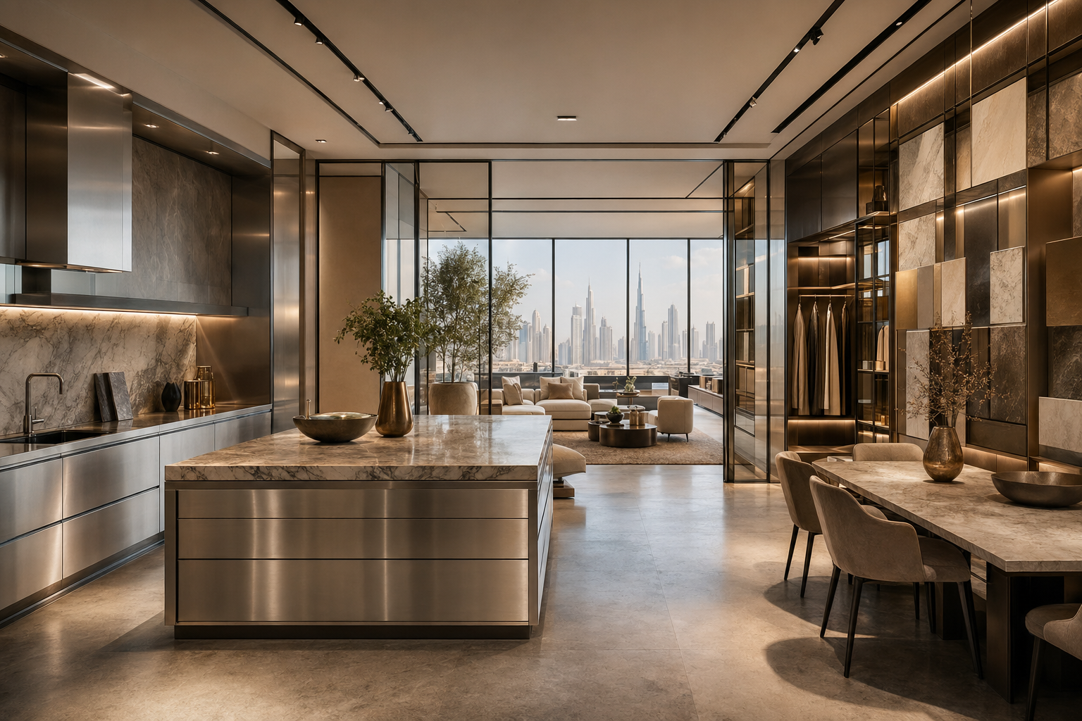 Fadior Dubai Design Gallery Showroom — kitchen island, lounge chair, glass wall, marble floor