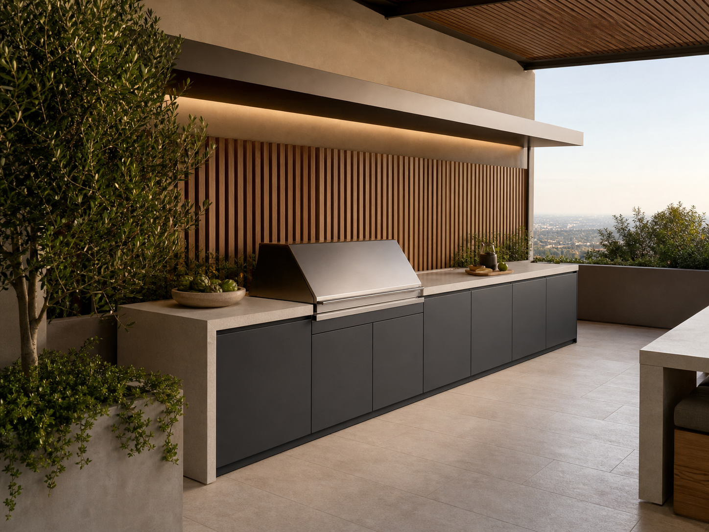 Fadior Vantage Outdoor Kitchen Suite with Shaded Galley Grill Rail — interior room context showing cabinet integration
