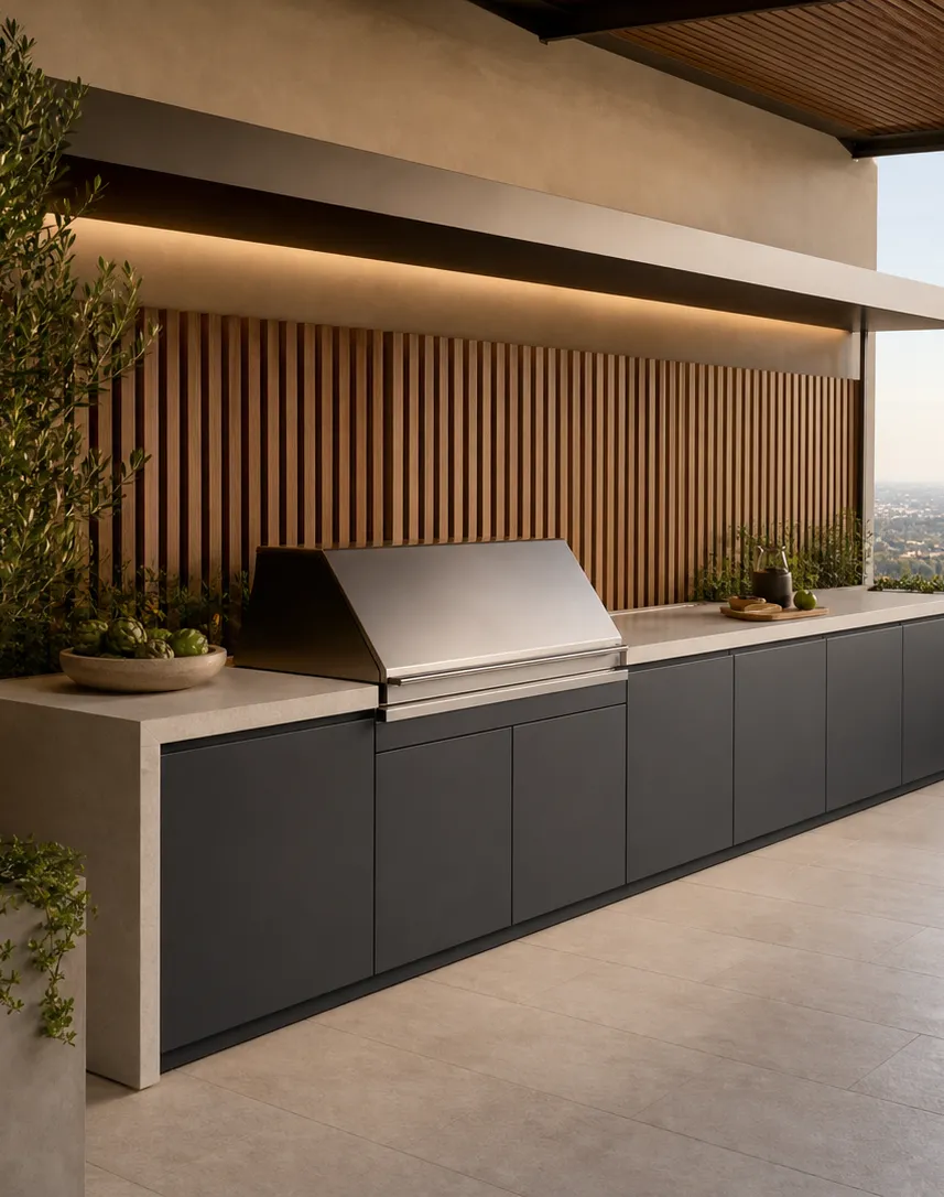Fadior Vantage Outdoor Kitchen Suite with Shaded Galley Grill Rail — interior room context showing cabinet integration