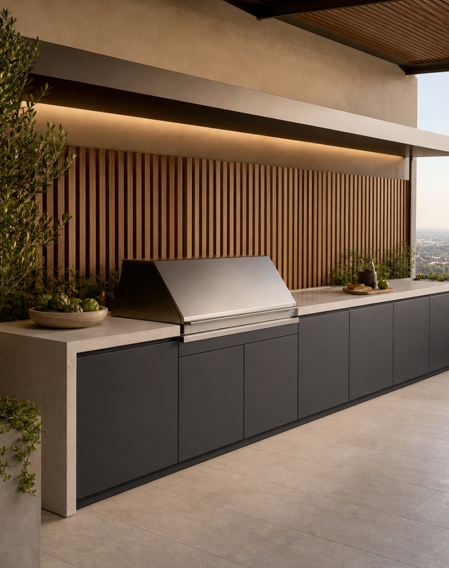 Fadior Vantage Outdoor Kitchen Suite with Shaded Galley Grill Rail — interior room context showing cabinet integration