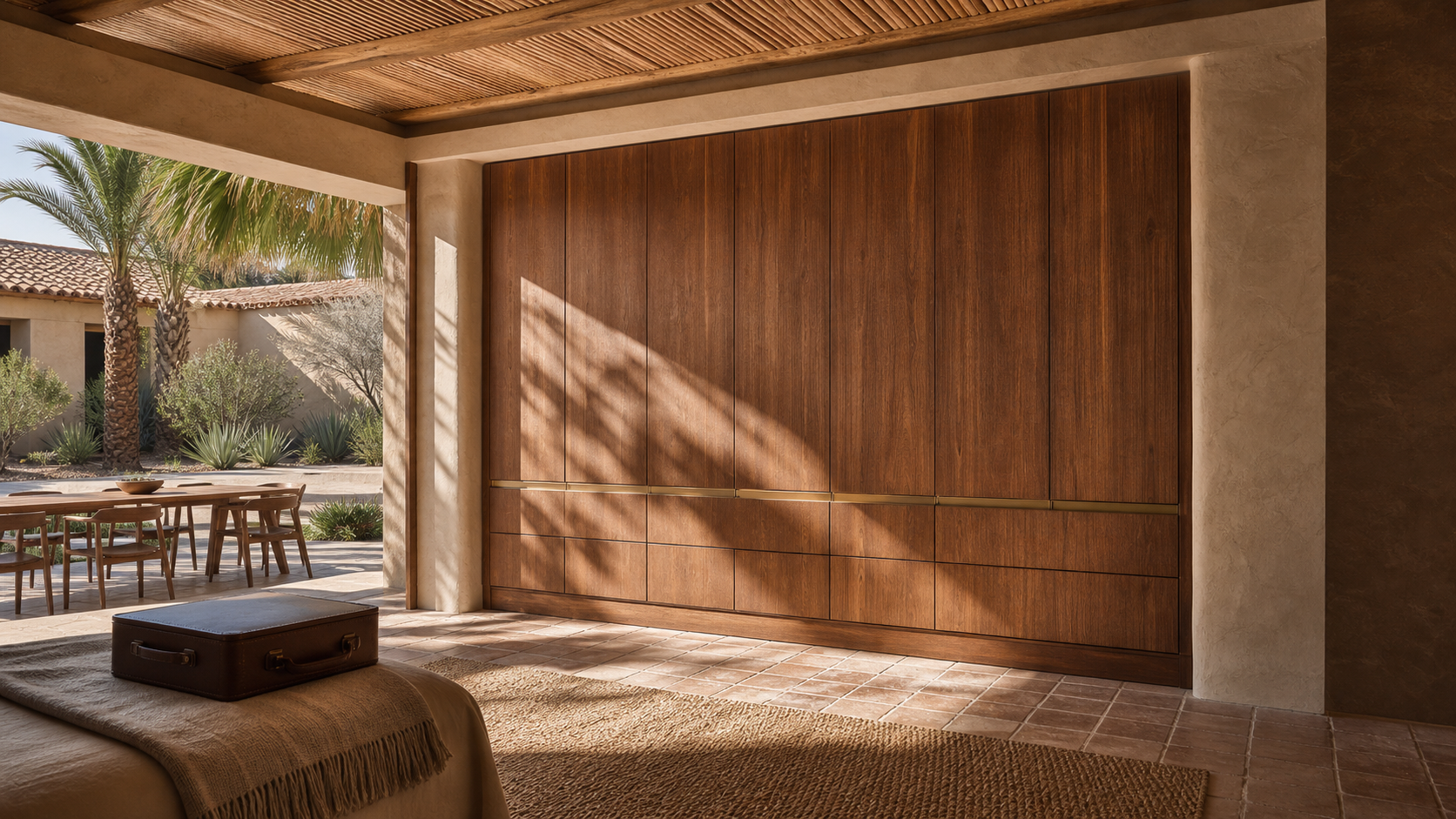 Fadior Voyage Wardrobe Suite with Bronze Veil Packing Wall — lifestyle setting with natural light and residential styling