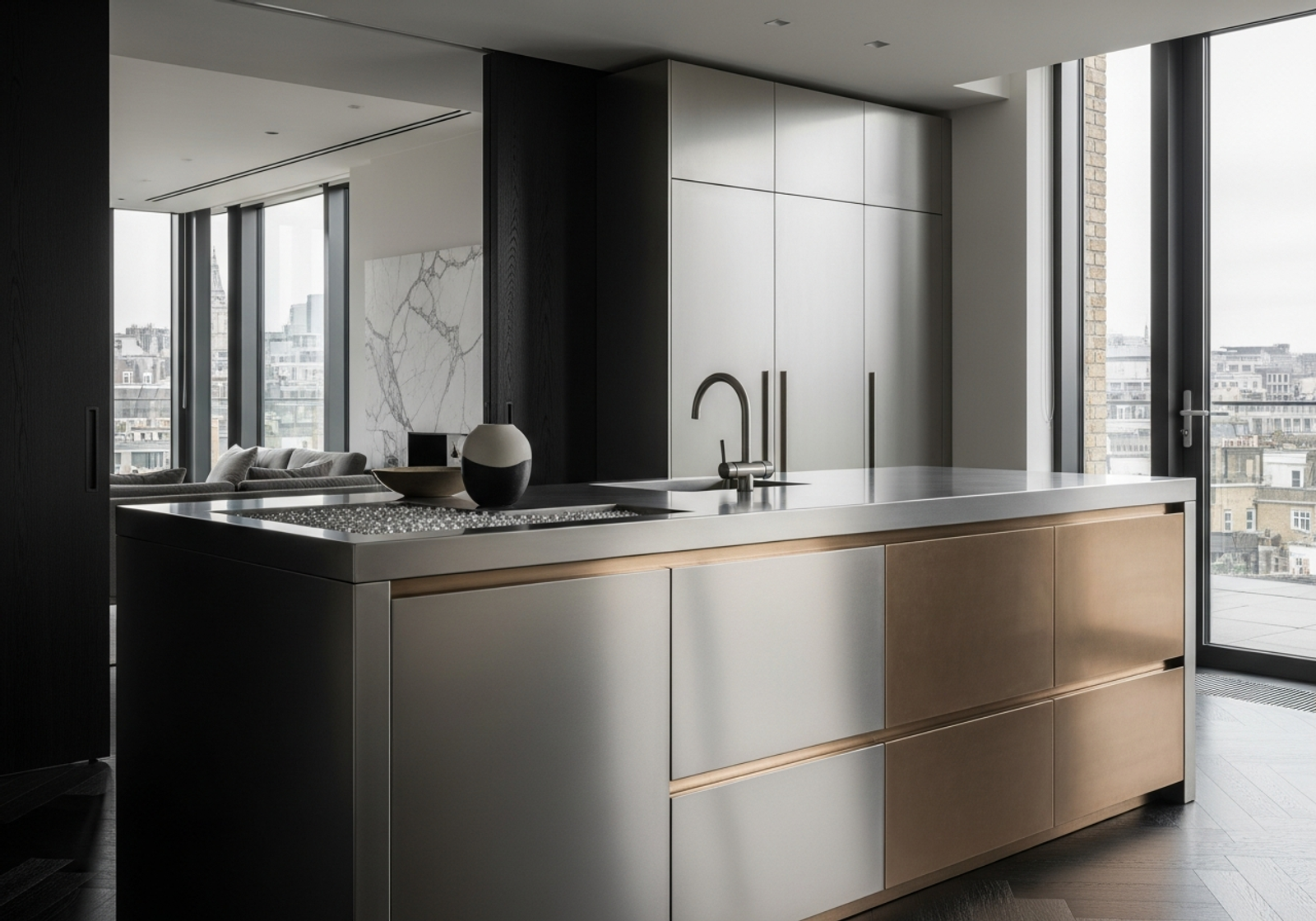 Fadior London Mayfair Penthouse — living space with panoramic city view