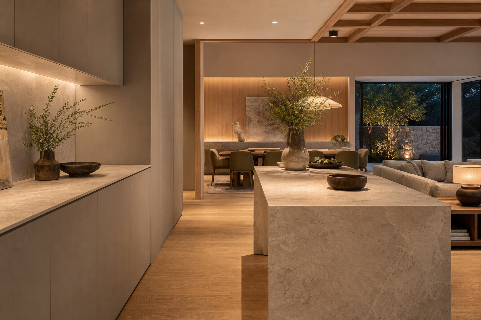 Lifestyle context: an open-plan kitchen and dining setting with muted cabinetry, oak accents, and calm evening hospitality.