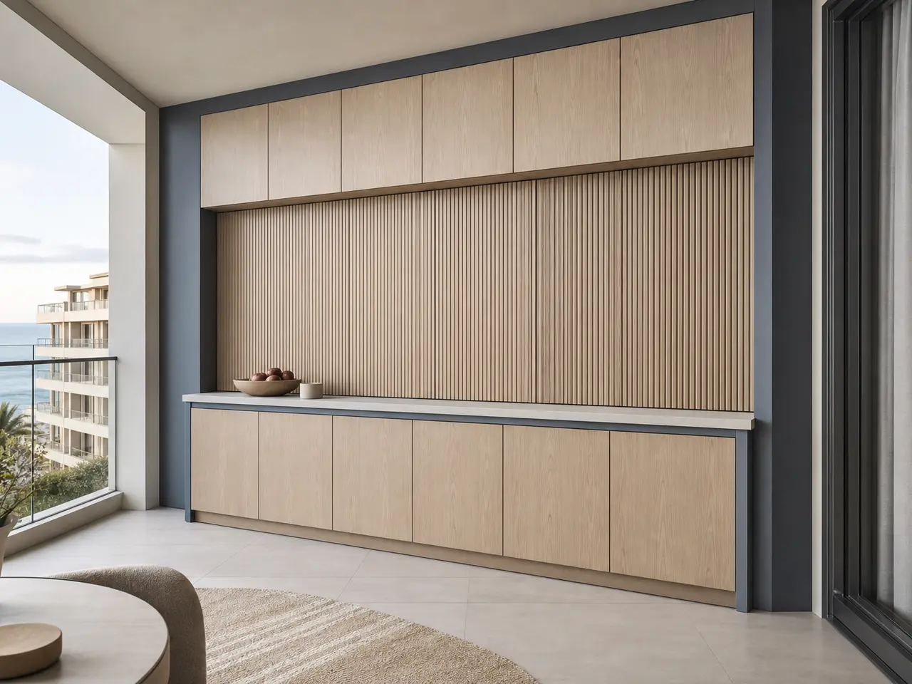 Fadior Aurora Balcony Suite with Tambour Breakfast Screen - 304 stainless steel balcony cabinetry for humidity, laundry overflow, utility storage, and semi-outdoor residential use