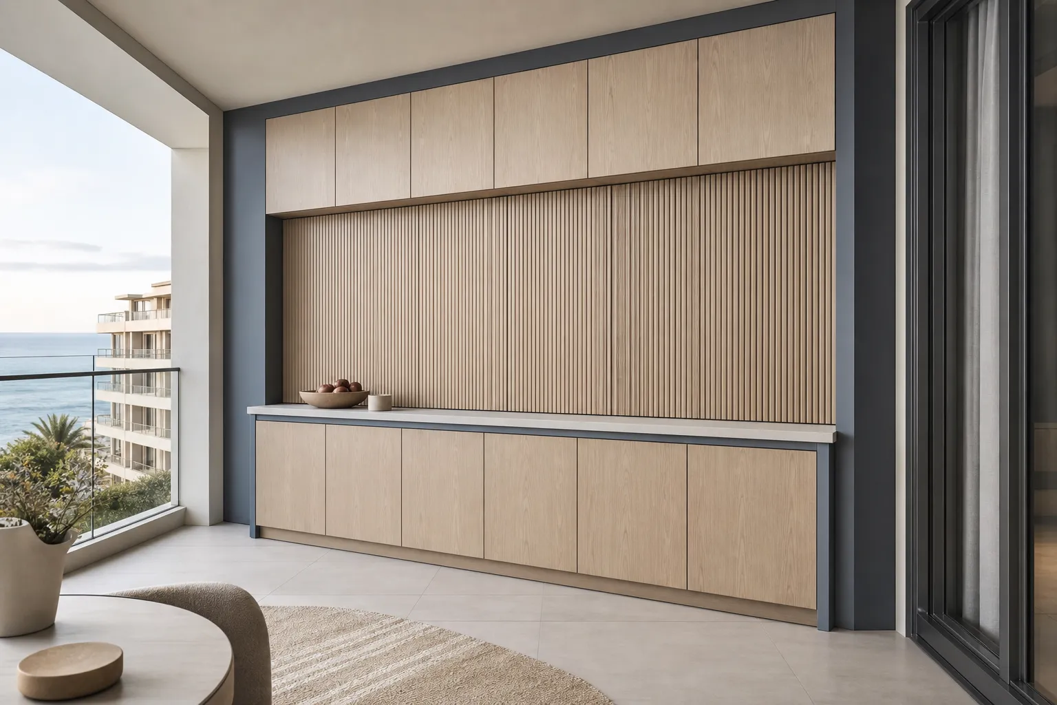 Fadior Aurora Balcony Suite with Tambour Breakfast Screen — 304 stainless steel balcony system, front view
