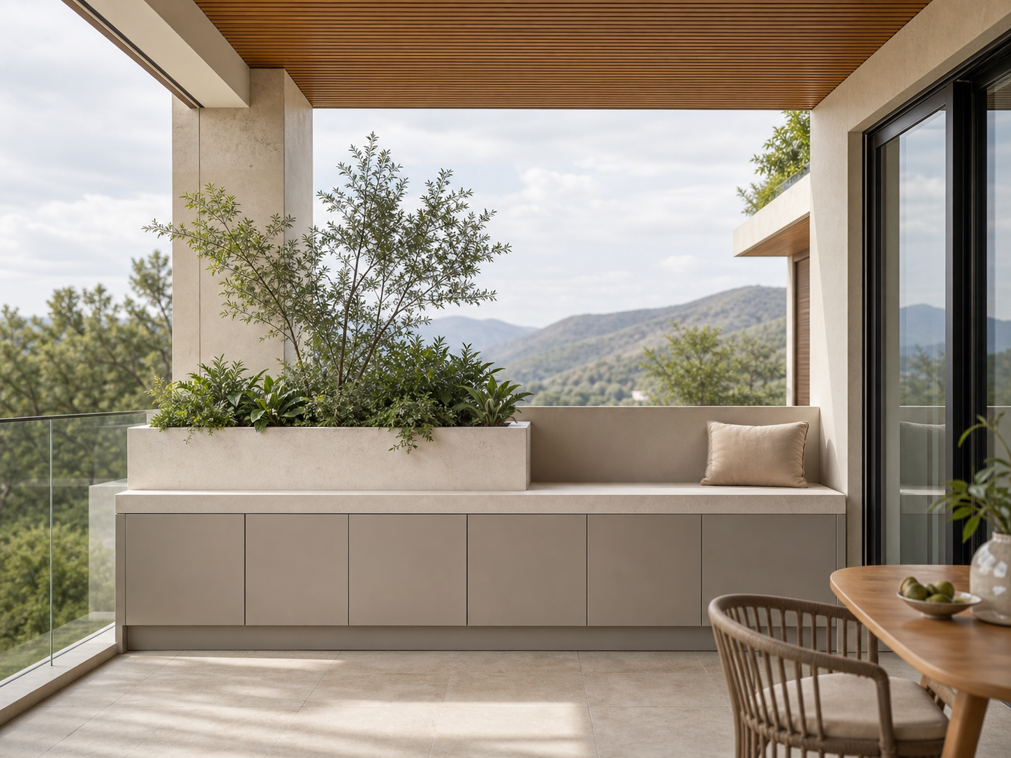 Fadior Cannes Balcony Module with Limestone Planter Berth — interior room context showing cabinet integration