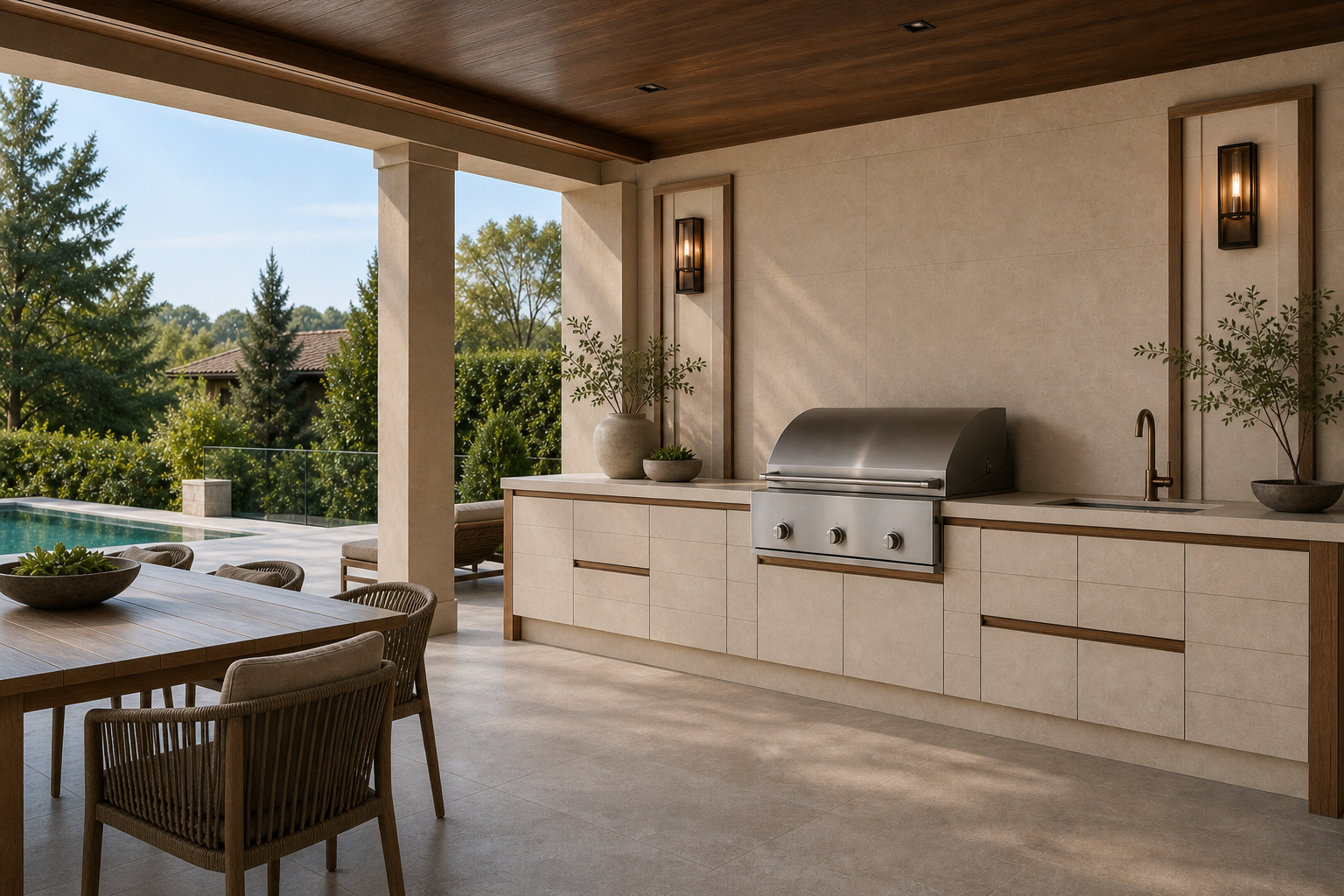 Fadior Horizon Outdoor Kitchen Suite with Limestone Pavilion Ribbon — lifestyle setting with natural light and residential styling