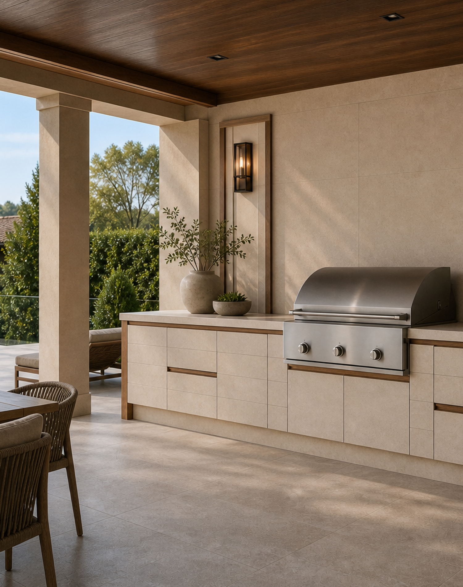 Fadior Horizon Outdoor Kitchen Suite with Limestone Pavilion Ribbon — lifestyle setting with natural light and residential styling