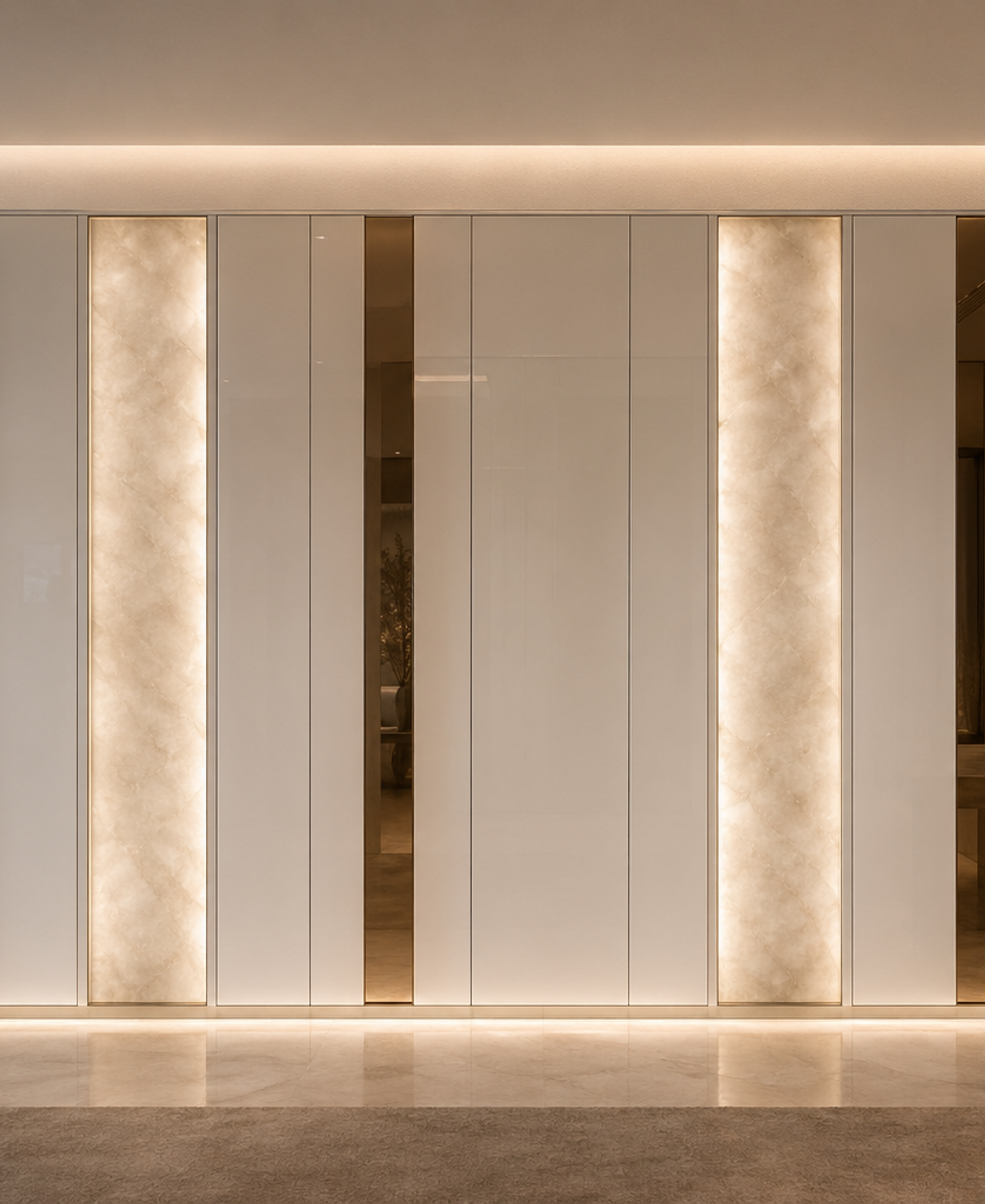 Fadior Miroir Wall Panel Suite with Backlit Mineral Glow Plane — 304 stainless steel wall panel system, front view