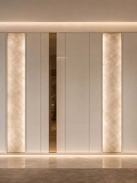 Fadior Miroir Wall Panel Suite with Backlit Mineral Glow Plane — 304 stainless steel wall panel system, front view