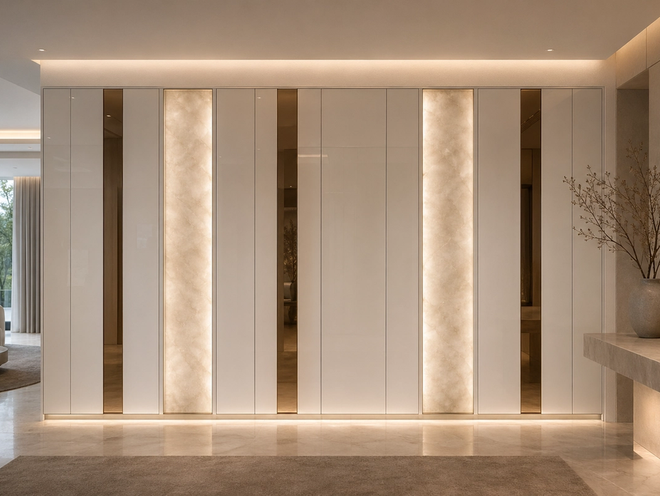 Fadior Miroir Wall Panel Suite with Backlit Mineral Glow Plane — 304 stainless steel wall panel system, front view