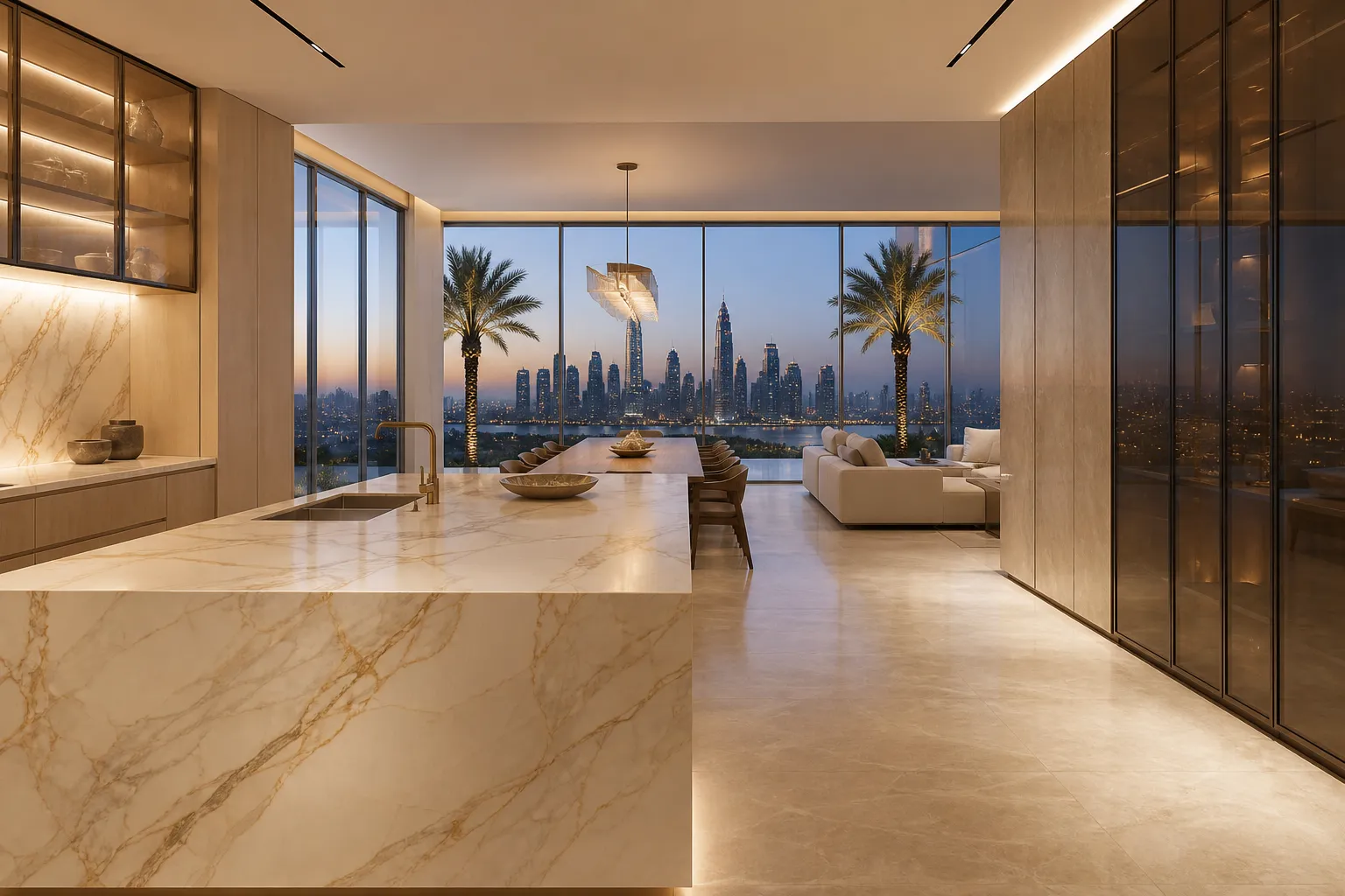 Fadior Dubai Penthouse Water Ritual Kitchen — Calacatta marble island, dining table, ivory sofa, palm trees,