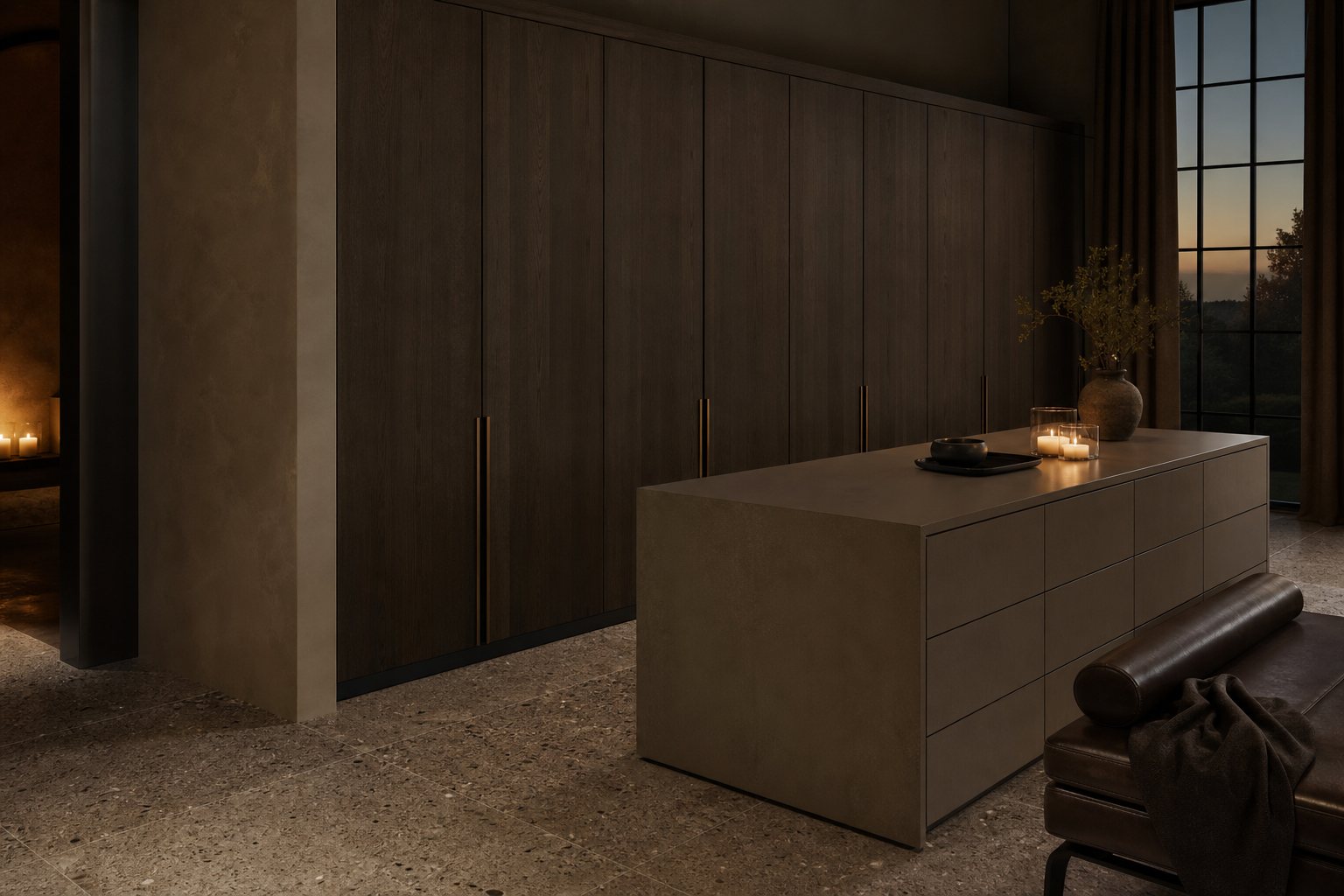 Fadior Eclipse Wardrobe Suite with Hybriq Mineral Dressing Island — interior room context showing cabinet integration