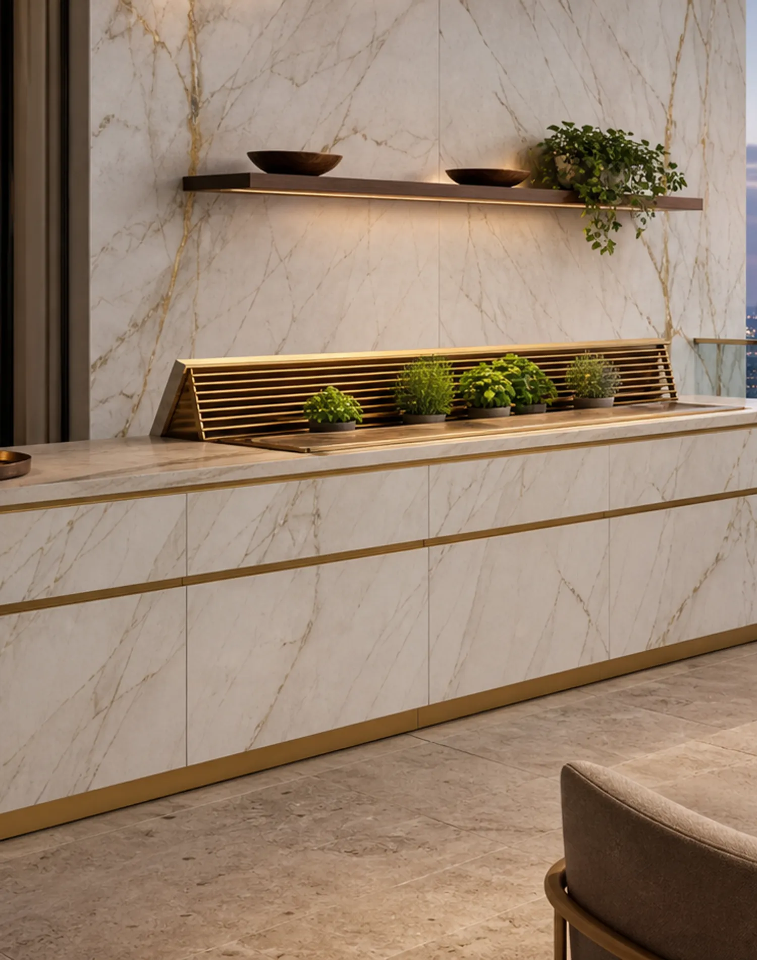 Fadior Dusk Balcony Suite with Louvered Herb Prep Rail — lifestyle setting with natural light and residential styling