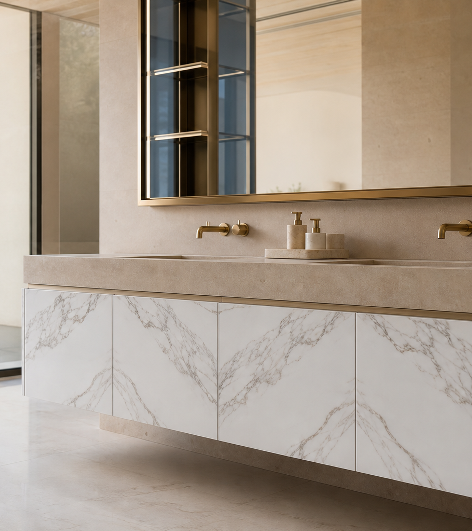 Fadior Voyage Bath Calacatta Basin Gallery — close-up of stainless steel finish and hardware detail