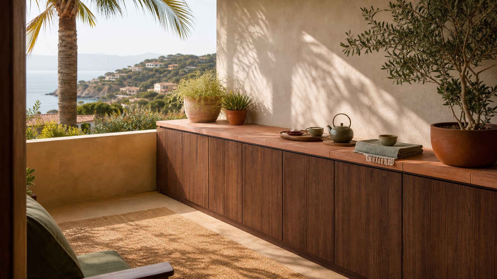Fadior Cannes Balcony Suite with Terracotta Tea Landing — lifestyle setting with natural light and residential styling