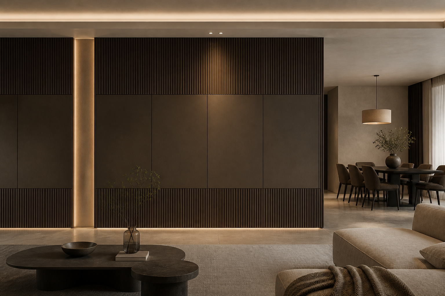 Fadior Miroir Wall Panel Suite with Bronze Shadow Rhythm — lifestyle setting with natural light and residential styling