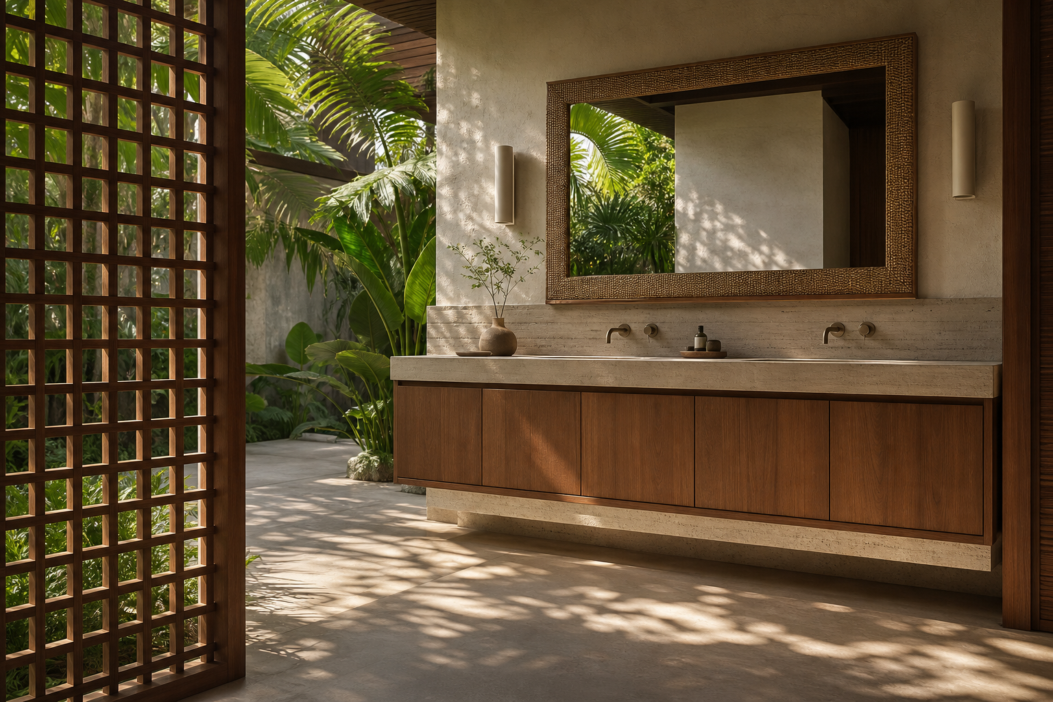 Fadior Alcove Bath and Vanity Suite with Travertine Shadow Basin Rail — interior room context showing cabinet integration
