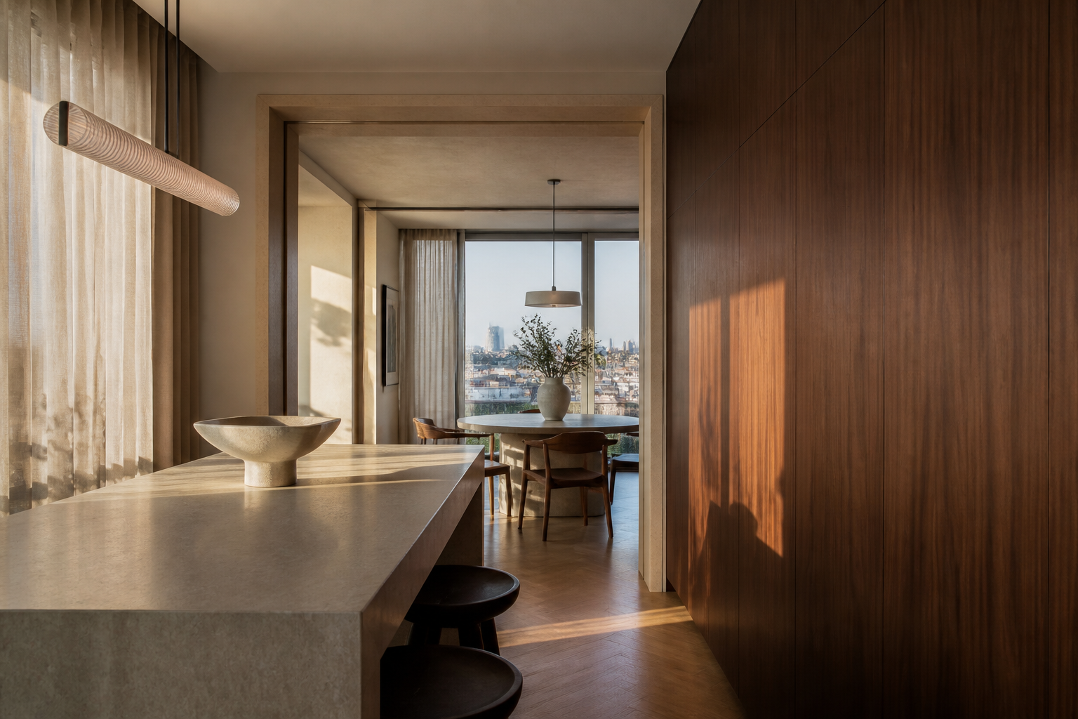 Fadior Milan 140 sqm Kitchen Penthouse — Milan Kitchen Penthouse — stone counter, cabinet, wood, pendant, floor