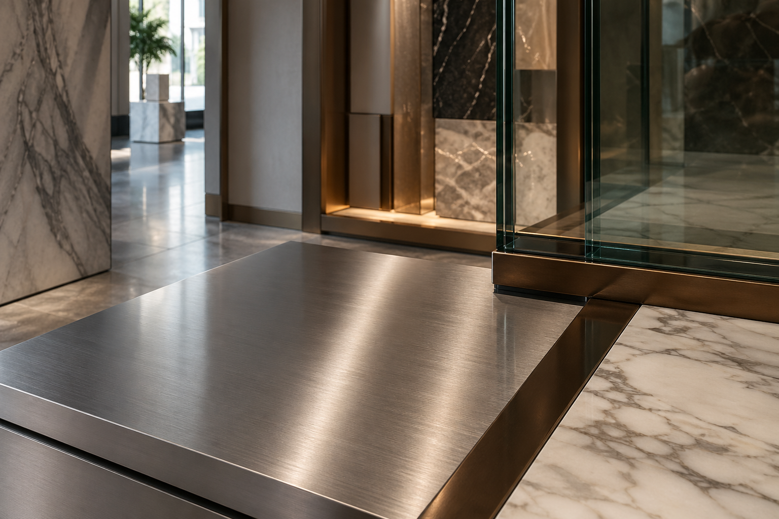 Fadior Dubai Design Gallery Showroom — brushed stainless counter, marble slab, bronze tray, window lighting